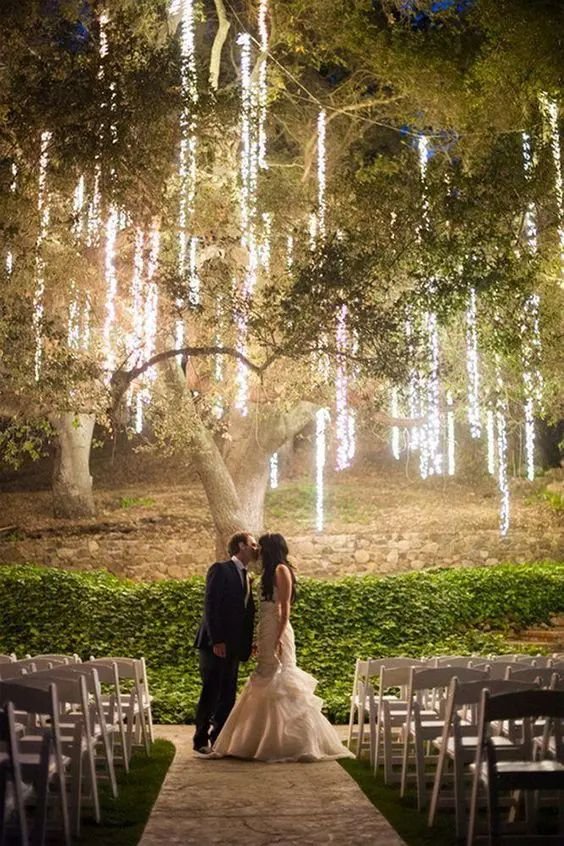 03 vertical light clusters hanging on a large tree create a magical ceremony ambience - Weddingomania